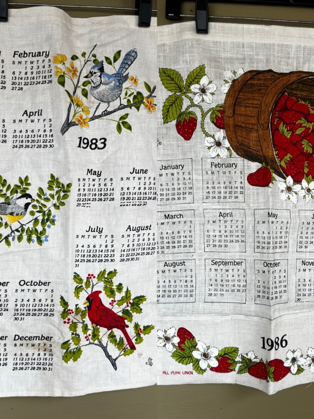1980’s Calendar Linen Tea Towel bundle
Strawberries 1986 Birds 1983